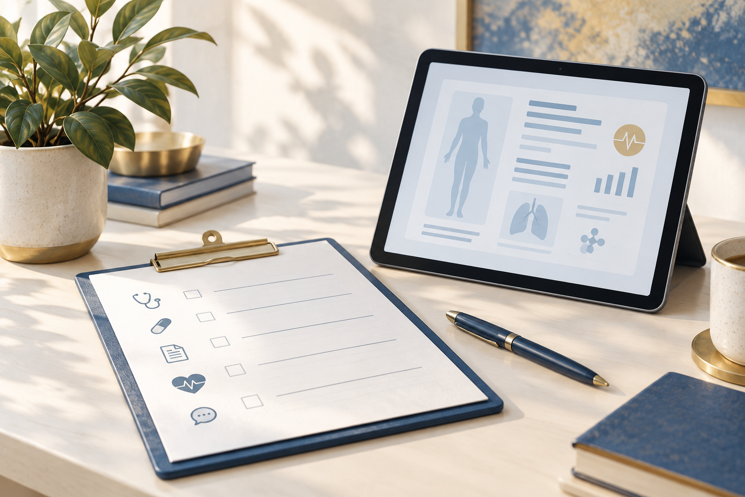 Clipboard and tablet arranged for a medical consultation